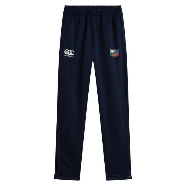 The NYC British and Irish Selects Stretch Tapered Pant by EMB Canterbury is navy blue with a logo on the left, "CCC" branding on the right, and an elastic waistband, ideal for enhanced workout performance.