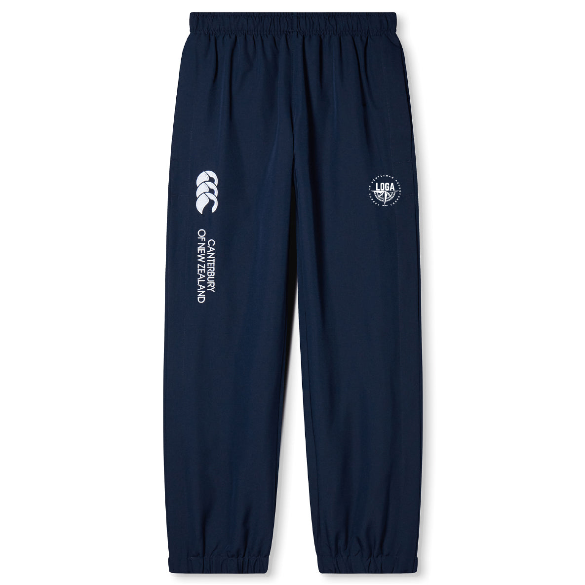 The League of Gentleman Adventurers Cuffed Hem Stadium Pant by EMB Canterbury features a navy blue design with an elastic waist and white Canterbury of New Zealand and UGA sports logos on the upper legs.