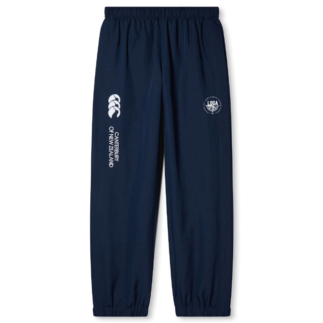 The League of Gentleman Adventurers Cuffed Hem Stadium Pant by EMB Canterbury features a navy blue design with an elastic waist and white Canterbury of New Zealand and UGA sports logos on the upper legs.