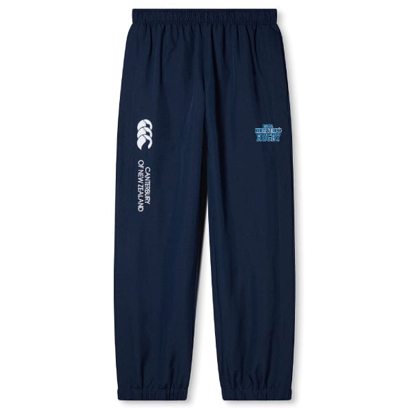 King's Point Rugby Cuffed Hem Stadium Pant by EMB Canterbury in navy blue, featuring an elastic waistband and cuffed hem with white logos of Canterbury of New Zealand and The Irish Rugby Union.