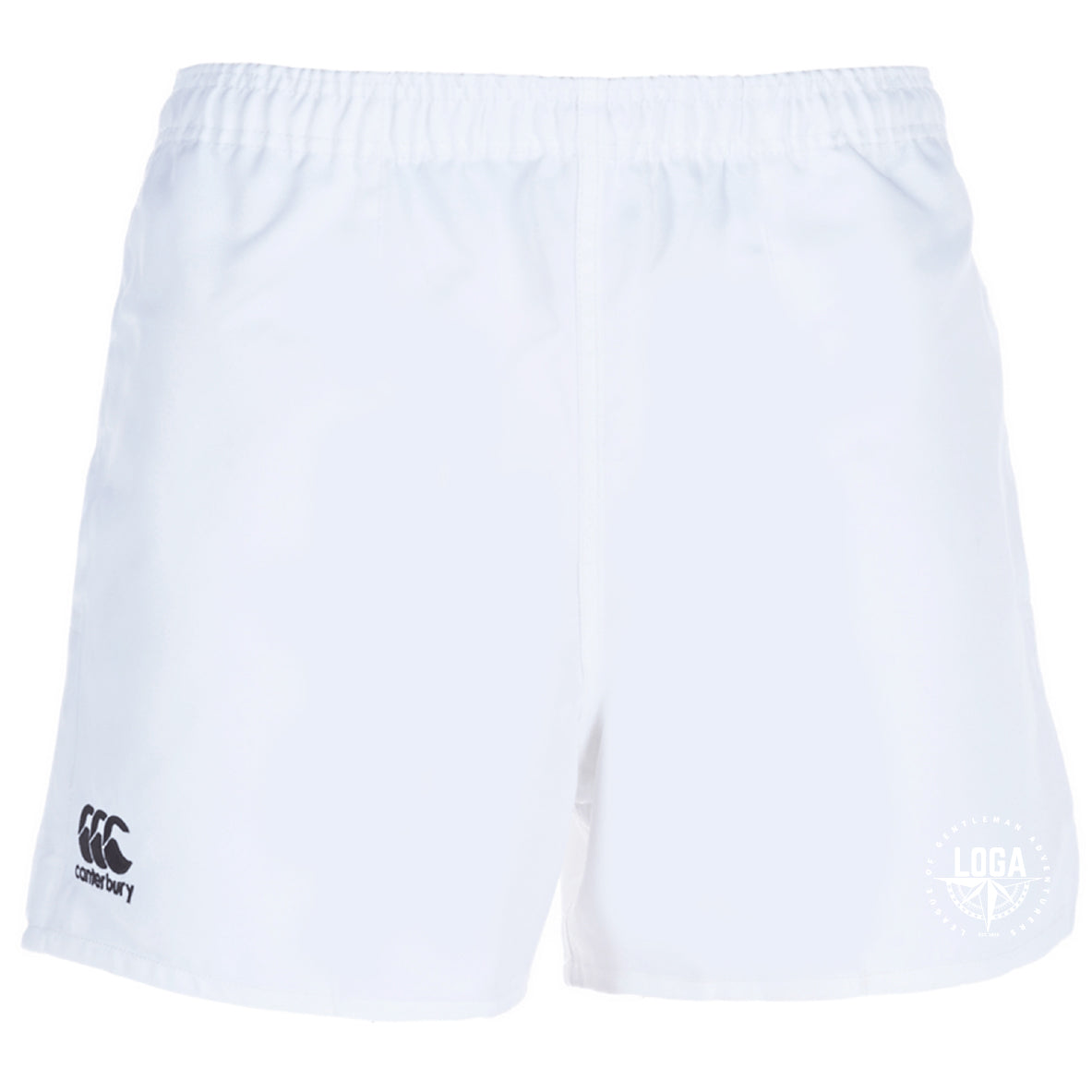 The League of Gentleman Adventurers Player's Drill Short by EMB Canterbury features white rugby shorts with an elastic waistband, a black Canterbury logo on the left leg, and a white LOGA logo on the right leg.