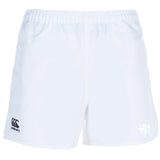 The League of Gentleman Adventurers Player's Drill Short by EMB Canterbury features white rugby shorts with an elastic waistband, a black Canterbury logo on the left leg, and a white LOGA logo on the right leg.