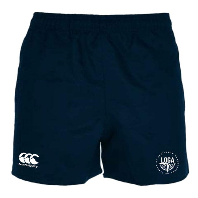 The EMB Canterbury League of Gentleman Adventurers Player's Drill Short is navy blue with an elastic waistband, featuring a white Canterbury logo on the left leg and a white LOGA logo on the right leg.