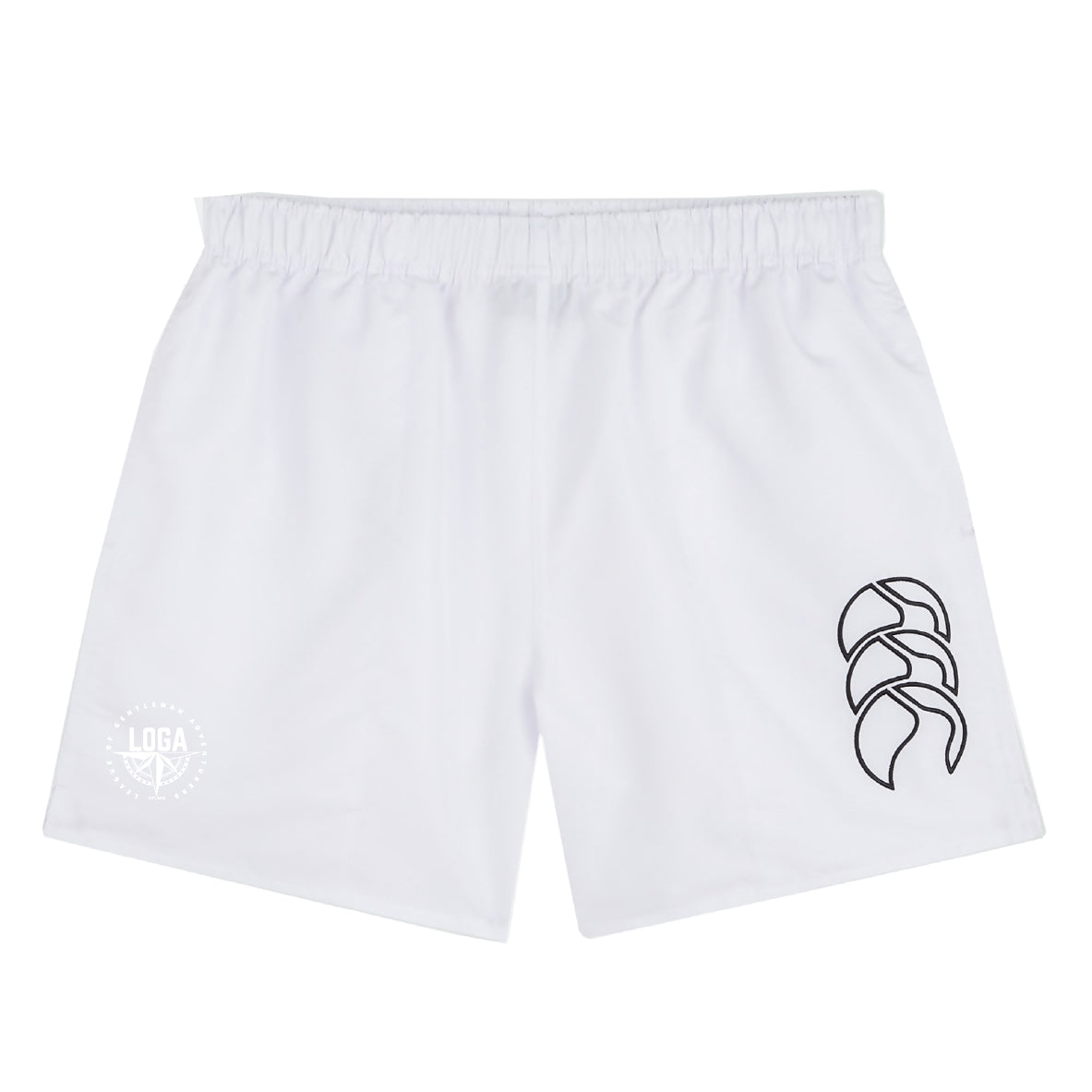 The EMB Canterbury League of Gentleman Adventurers Tactic Short features white athletic shorts with an elastic waistband, black abstract logo on the right leg, and a round "LOGA" watermark on the left—ideal for gym or rugby.