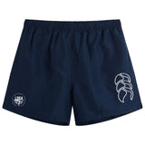 The EMB Canterbury League of Gentleman Adventurers Tactic Short features navy blue gym shorts with an elastic waistband, a white logo on the left leg, and a circular emblem on the right—ideal for rugby or workouts.