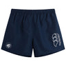 The EMB Canterbury League of Gentleman Adventurers Tactic Short features navy blue gym shorts with an elastic waistband, a white logo on the left leg, and a circular emblem on the right—ideal for rugby or workouts.