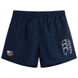The NYC British and Irish Selects Tactic Short by Canterbury in navy blue offers style and comfort with a white logo on the right and a colorful emblem on the left.