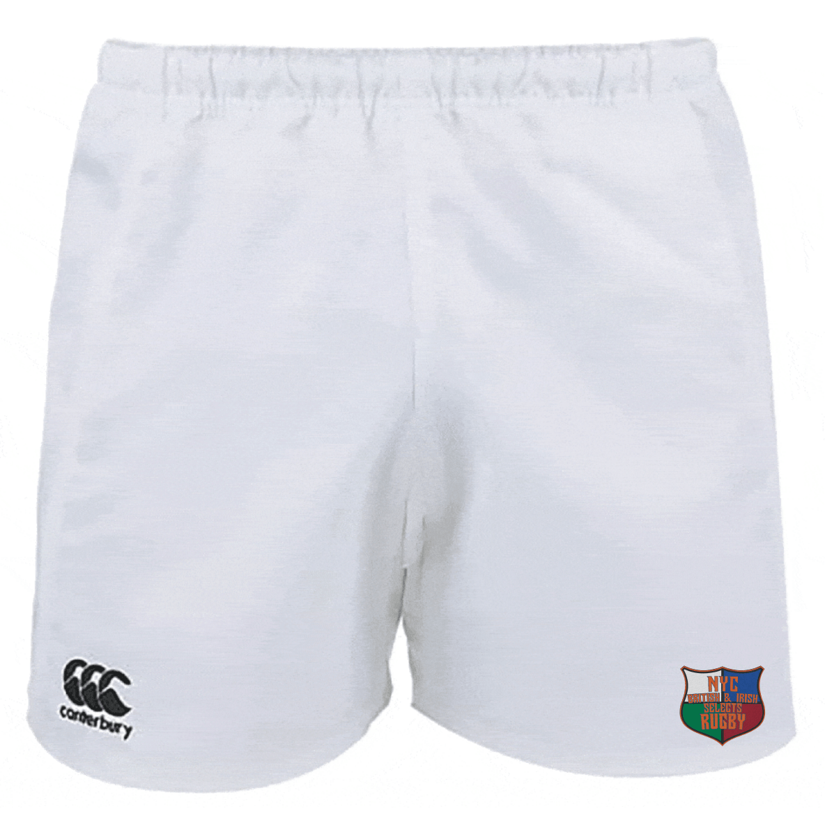 White NYC British and Irish Selects Advantage Rugby Shorts by EMB Canterbury with moisture-wicking technology, featuring an embroidered logo on the left and a Canterbury logo on the right.