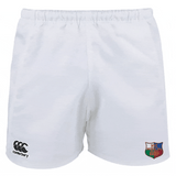 White NYC British and Irish Selects Advantage Rugby Shorts by EMB Canterbury with moisture-wicking technology, featuring an embroidered logo on the left and a Canterbury logo on the right.
