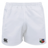 White NYC British and Irish Selects Advantage Rugby Shorts by EMB Canterbury with moisture-wicking technology, featuring an embroidered logo on the left and a Canterbury logo on the right.
