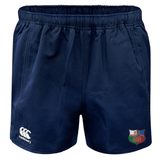 The NYC British and Irish Selects Advantage Rugby Shorts by EMB Canterbury are navy blue with moisture-wicking technology, featuring an embroidered logo on the right leg and a manufacturer's logo on the left.