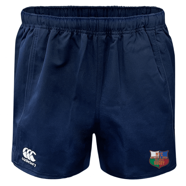 The NYC British and Irish Selects Advantage Rugby Shorts by EMB Canterbury are navy blue with moisture-wicking technology, featuring an embroidered logo on the right leg and a manufacturer's logo on the left.