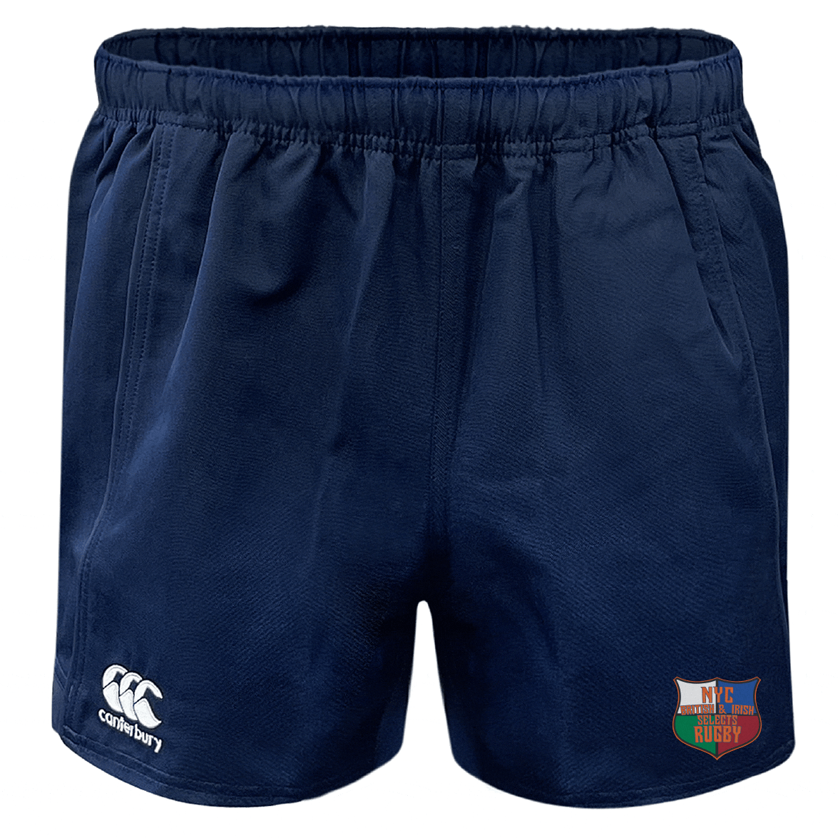 The NYC British and Irish Selects Professional Rugby Shorts by EMB Canterbury are navy blue and made from durable polyester, featuring an elastic waistband with Canterbury and NYC Rugby logos on the lower legs.