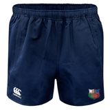 The NYC British and Irish Selects Professional Rugby Shorts by EMB Canterbury are navy blue and made from durable polyester, featuring an elastic waistband with Canterbury and NYC Rugby logos on the lower legs.