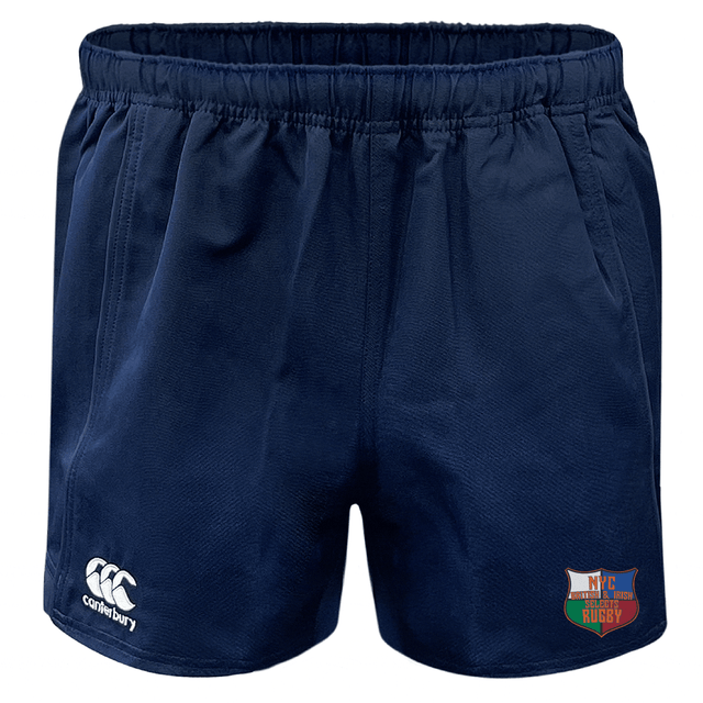 The NYC British and Irish Selects Professional Rugby Shorts by EMB Canterbury are navy blue and made from durable polyester, featuring an elastic waistband with Canterbury and NYC Rugby logos on the lower legs.