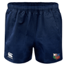 The NYC British and Irish Selects Professional Rugby Shorts by EMB Canterbury are navy blue and made from durable polyester, featuring an elastic waistband with Canterbury and NYC Rugby logos on the lower legs.