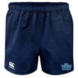 King's Point Rugby Advantage Rugby Shorts by EMB Canterbury in navy blue offer an elastic waistband, non-slip grips, and two embroidered logos: one featuring Canterbury in white and the other showcasing Wisconsin Rugby in blue. These shorts are designed with moisture management technology to keep you comfortable on the field.