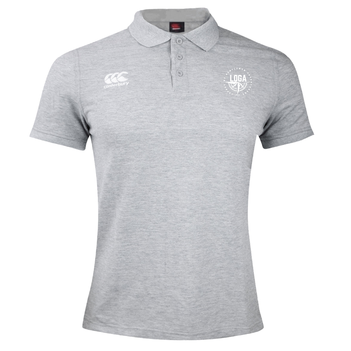 The League of Gentleman Adventurers Waimak Polo by EMB Canterbury is a light grey men’s short-sleeve rugby shirt featuring a collar, three buttons, and two white chest logos, inspired by the classic Canterbury Waimak Rugby Polo design.