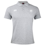 The League of Gentleman Adventurers Waimak Polo by EMB Canterbury is a light grey men’s short-sleeve rugby shirt featuring a collar, three buttons, and two white chest logos, inspired by the classic Canterbury Waimak Rugby Polo design.