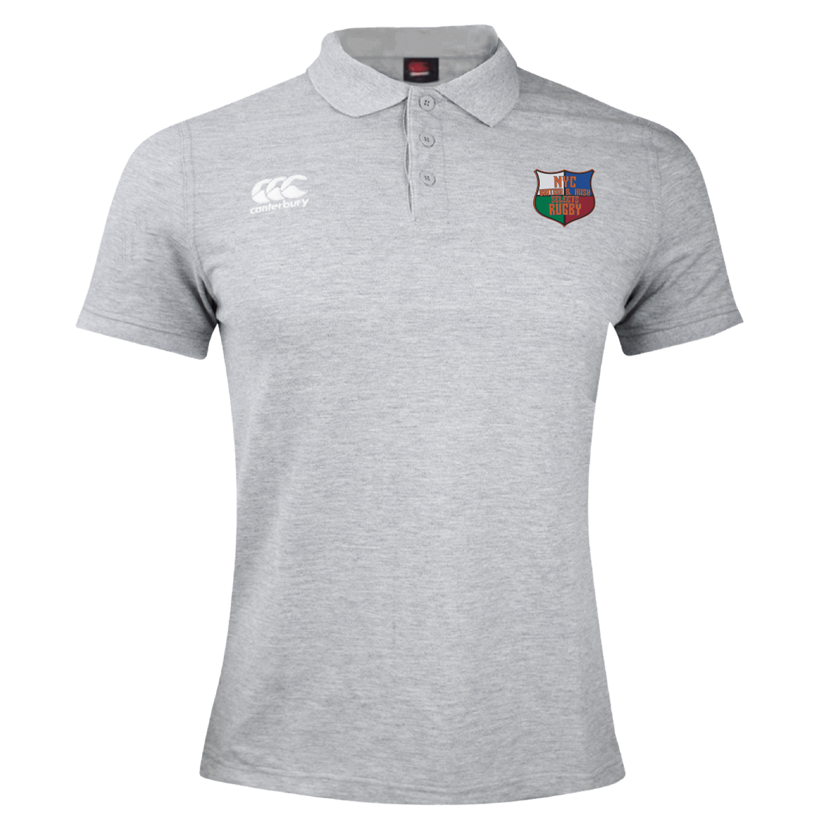 NYC British and Irish Selects Waimak Polo by Canterbury, made from a soft cotton-polyester blend, showcases the iconic rugby logo on the left chest and a small Canterbury logo on the right chest.
