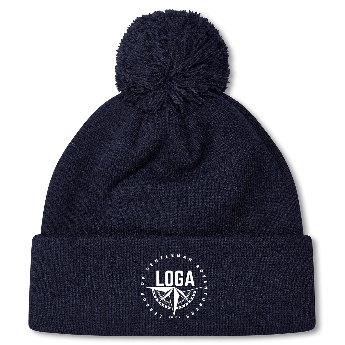 Stay warm on chilly days with the League of Gentleman Adventurers Pom Pom Beanie by EMB Canterbury—a navy blue, fleece-lined rugby hat with a folded brim, white "LOGA" logo, and pom-pom on top.