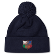 The NYC British and Irish Selects Pom Pom Beanie by EMB Canterbury is a stylish navy blue fleece-lined hat with a pom-pom, featuring an embroidered patch displaying a shield design and the text "NYC American & Irish Stouts Rugby.