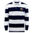 The NYC British and Irish Selects Classic Long Sleeve Hooped Rugby Jersey by EMB Mudoo features navy and white horizontal stripes, crafted from a soft cotton/poly blend with a small colorful logo on the left chest, ideal for leisurewear occasions.