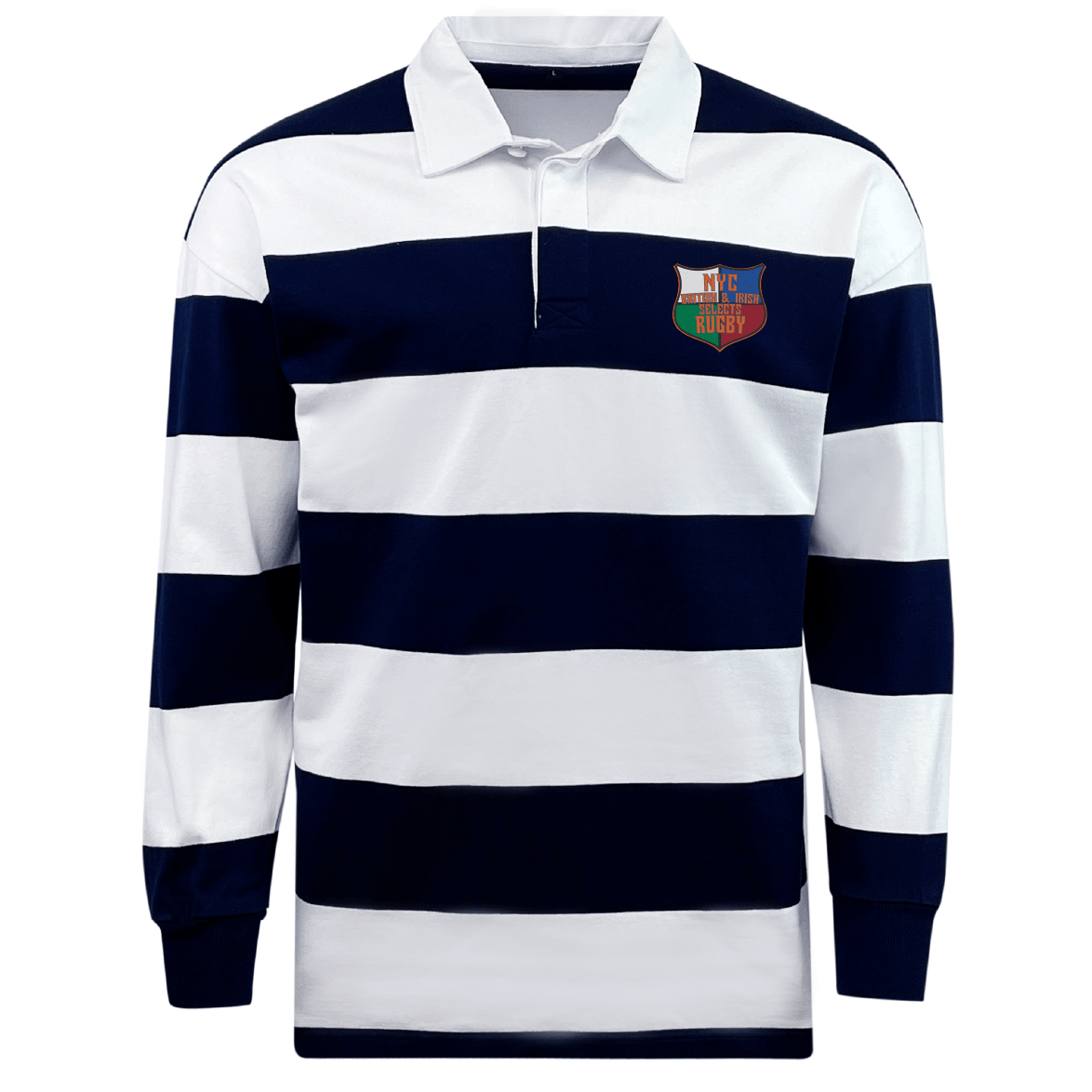The NYC British and Irish Selects Classic Long Sleeve Hooped Rugby Jersey by EMB Mudoo features navy and white horizontal stripes, crafted from a soft cotton/poly blend with a small colorful logo on the left chest, ideal for leisurewear occasions.