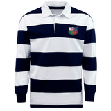 The NYC British and Irish Selects Classic Long Sleeve Hooped Rugby Jersey by EMB Mudoo features navy and white horizontal stripes, crafted from a soft cotton/poly blend with a small colorful logo on the left chest, ideal for leisurewear occasions.