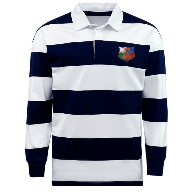The NYC British and Irish Selects Classic Long Sleeve Hooped Rugby Jersey by EMB Mudoo features navy and white horizontal stripes, crafted from a soft cotton/poly blend with a small colorful logo on the left chest, ideal for leisurewear occasions.