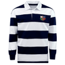 The NYC British and Irish Selects Classic Long Sleeve Hooped Rugby Jersey by EMB Mudoo features navy and white horizontal stripes, crafted from a soft cotton/poly blend with a small colorful logo on the left chest, ideal for leisurewear occasions.