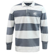 The EMB Mudoo League of Gentleman Adventurers Classic Long Sleeve Hooped Rugby Jersey features bold grey and white stripes, a white collar, and a chest logo—ideal leisurewear with retro rugby style.