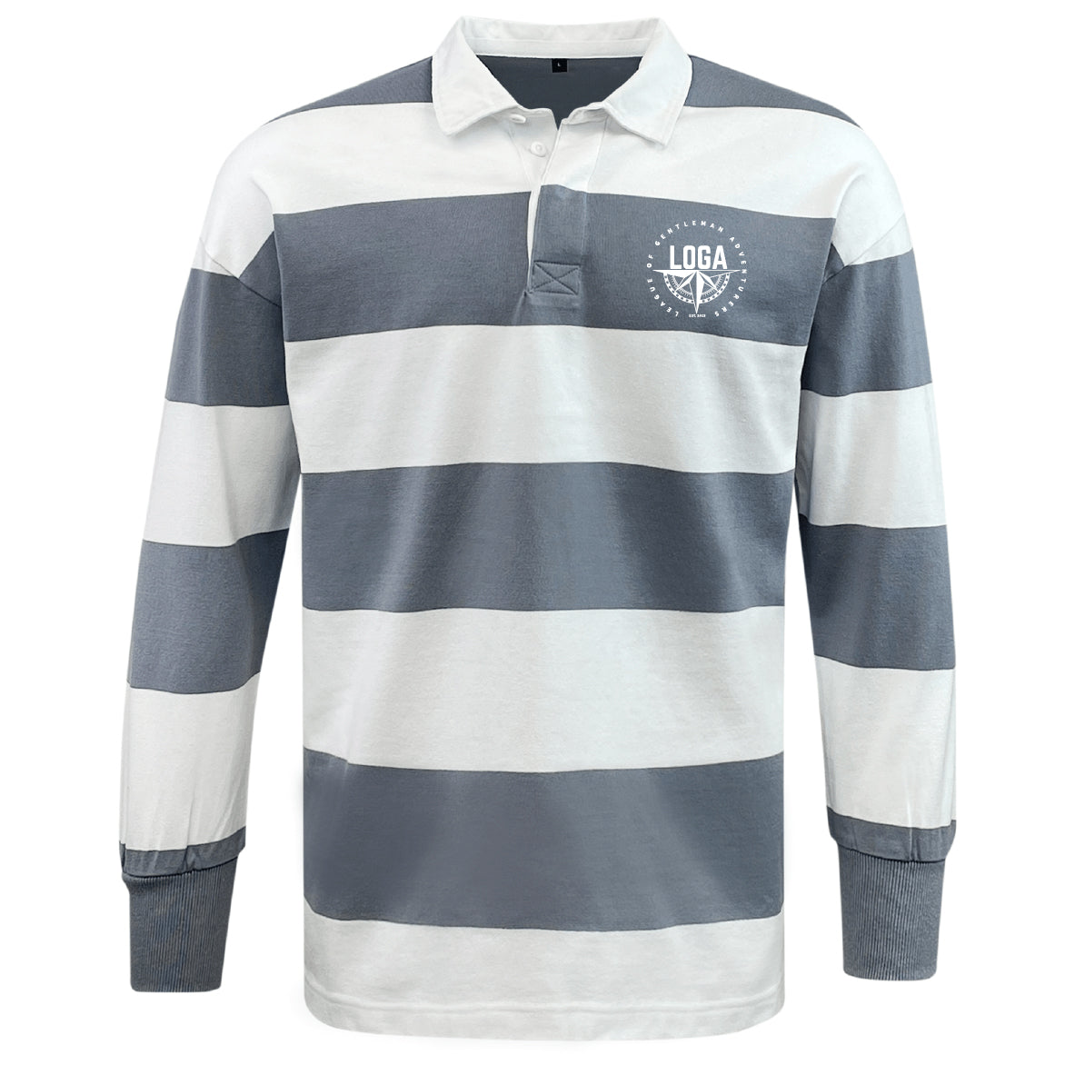 The EMB Mudoo League of Gentleman Adventurers Classic Long Sleeve Hooped Rugby Jersey features bold grey and white stripes, a white collar, and a chest logo—ideal leisurewear with retro rugby style.