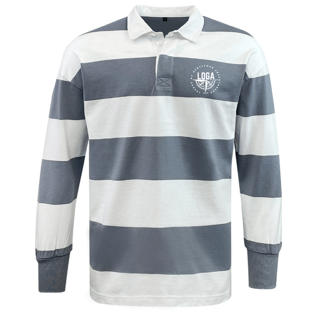 The EMB Mudoo League of Gentleman Adventurers Classic Long Sleeve Hooped Rugby Jersey features bold grey and white stripes, a white collar, and a chest logo—ideal leisurewear with retro rugby style.