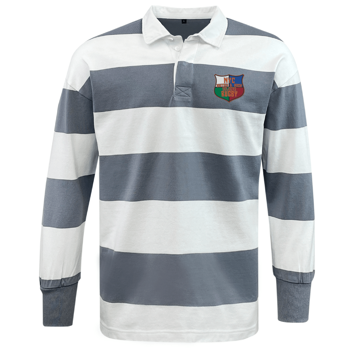 The NYC British and Irish Selects Classic Long Sleeve Hooped Rugby Jersey by EMB Mudoo features blue and white stripes, made from a comfy cotton/poly blend, with a colorful embroidered chest patch, perfect for leisurewear.