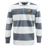The NYC British and Irish Selects Classic Long Sleeve Hooped Rugby Jersey by EMB Mudoo features blue and white stripes, made from a comfy cotton/poly blend, with a colorful embroidered chest patch, perfect for leisurewear.