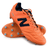 A pair of 442 v2 Pro FG Wide Boots - Hot Mango by New Balance soccer shoes in orange and blue with kangaroo leather.