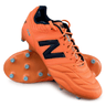 A pair of 442 v2 Pro FG Wide Boots - Hot Mango by New Balance soccer shoes in orange and blue with kangaroo leather.