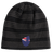 The New Zealand Shield Beanie from EMB Canterbury features black and gray stripes with a small shield displaying a stylized New Zealand flag.
