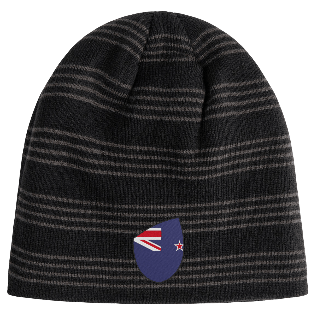 The New Zealand Shield Beanie from EMB Canterbury features black and gray stripes with a small shield displaying a stylized New Zealand flag.