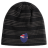 The New Zealand Shield Beanie from EMB Canterbury features black and gray stripes with a small shield displaying a stylized New Zealand flag.