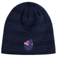 The New Zealand Shield Beanie by EMB Canterbury is a dark blue knit with subtle stripes and an emblem reminiscent of a stylized flag, featuring a red and white design on a blue background.
