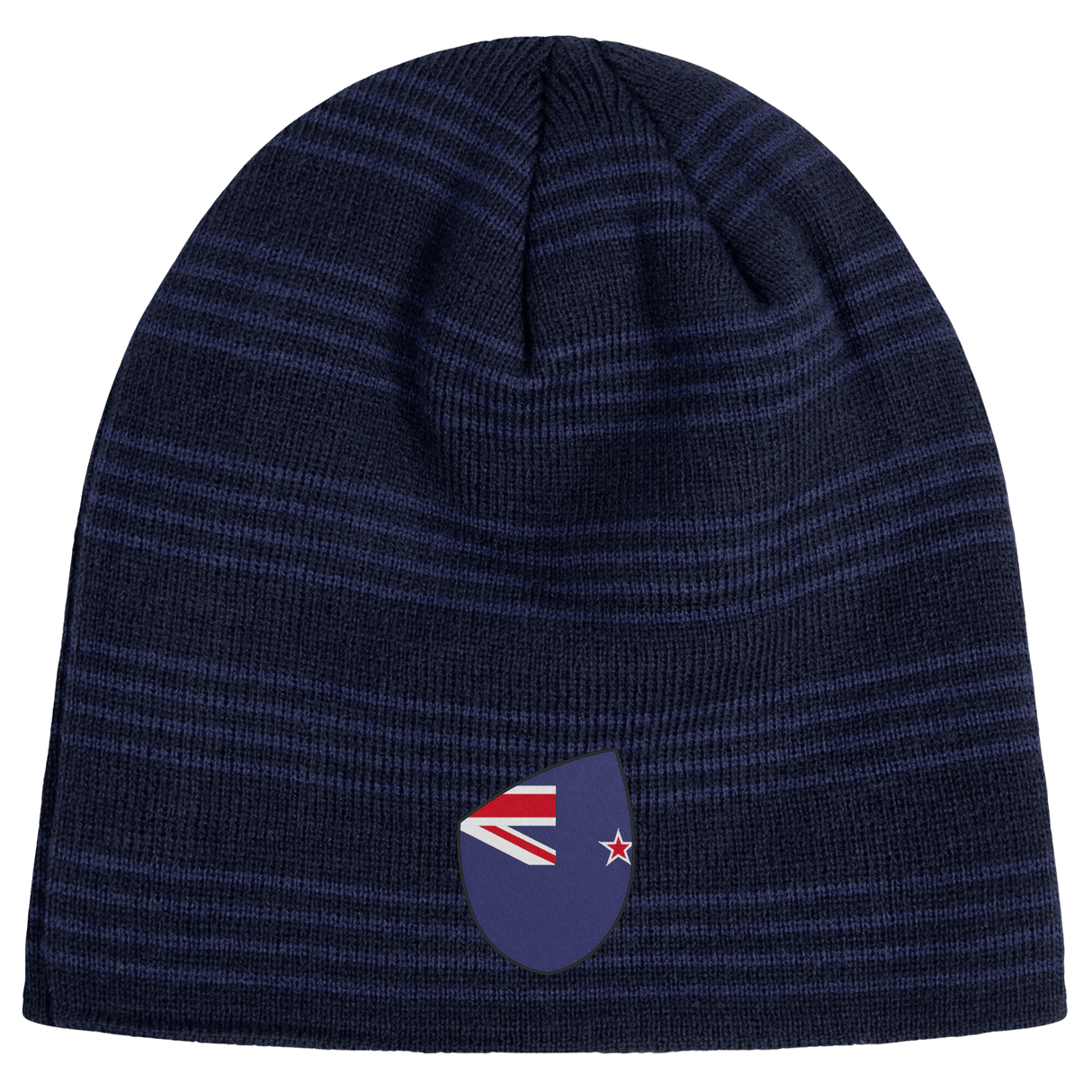 The New Zealand Shield Beanie by EMB Canterbury is a dark blue knit with subtle stripes and an emblem reminiscent of a stylized flag, featuring a red and white design on a blue background.