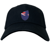 Just In: Check out the stylish New Zealand Shield Flex Drill Cap by EMB Canterbury, a black baseball cap with a striking stylized New Zealand Shield emblem on the front.