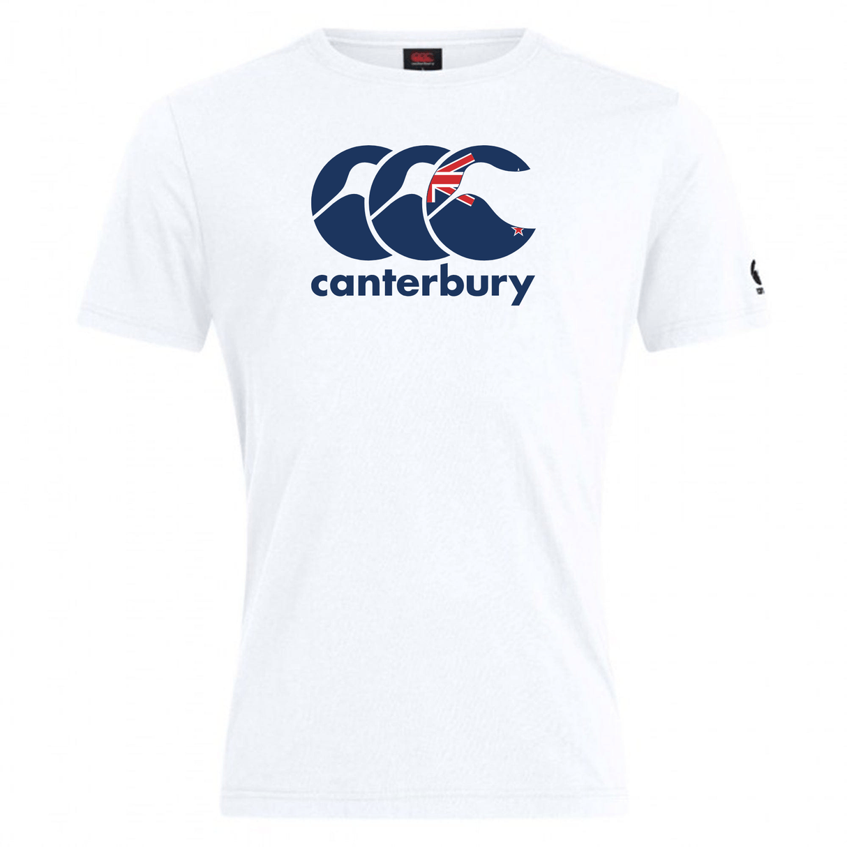 Canterbury New Zealand CCC Flag Club T-Shirt by WRS Canterbury decorated with a blue logo, stylized kiwi, and flag design.