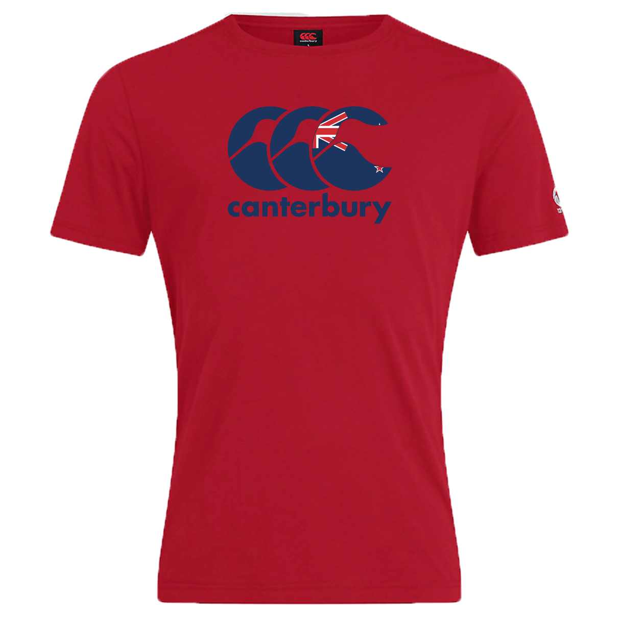 The Canterbury New Zealand CCC Flag Club T-Shirt by WRS Canterbury features a blue interlocked C's logo and a New Zealand flag, showcasing authentic Canterbury branding.