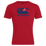 The Canterbury New Zealand CCC Flag Club T-Shirt by WRS Canterbury features a blue interlocked C's logo and a New Zealand flag, showcasing authentic Canterbury branding.