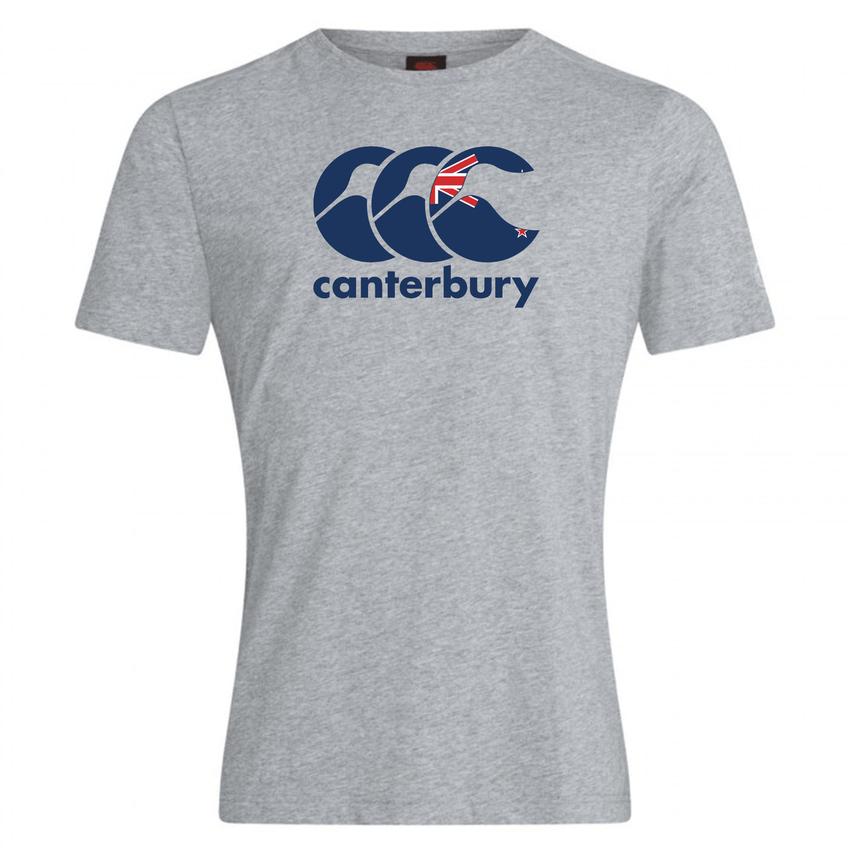 WRS Canterbury's New Zealand CCC Flag Club T-Shirt in gray showcases a dark blue logo and a Kiwi design with the New Zealand flag.