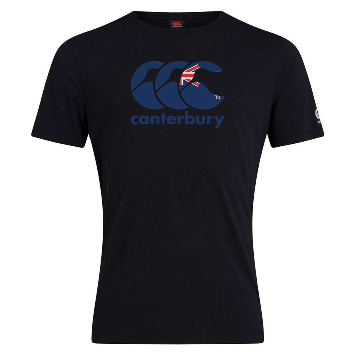 Black Canterbury New Zealand CCC Flag Club T-Shirt by WRS Canterbury, featuring a blue "Canterbury" logo and part of a Union Jack flag.