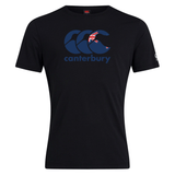 Black Canterbury New Zealand CCC Flag Club T-Shirt by WRS Canterbury, featuring a blue "Canterbury" logo and part of a Union Jack flag.